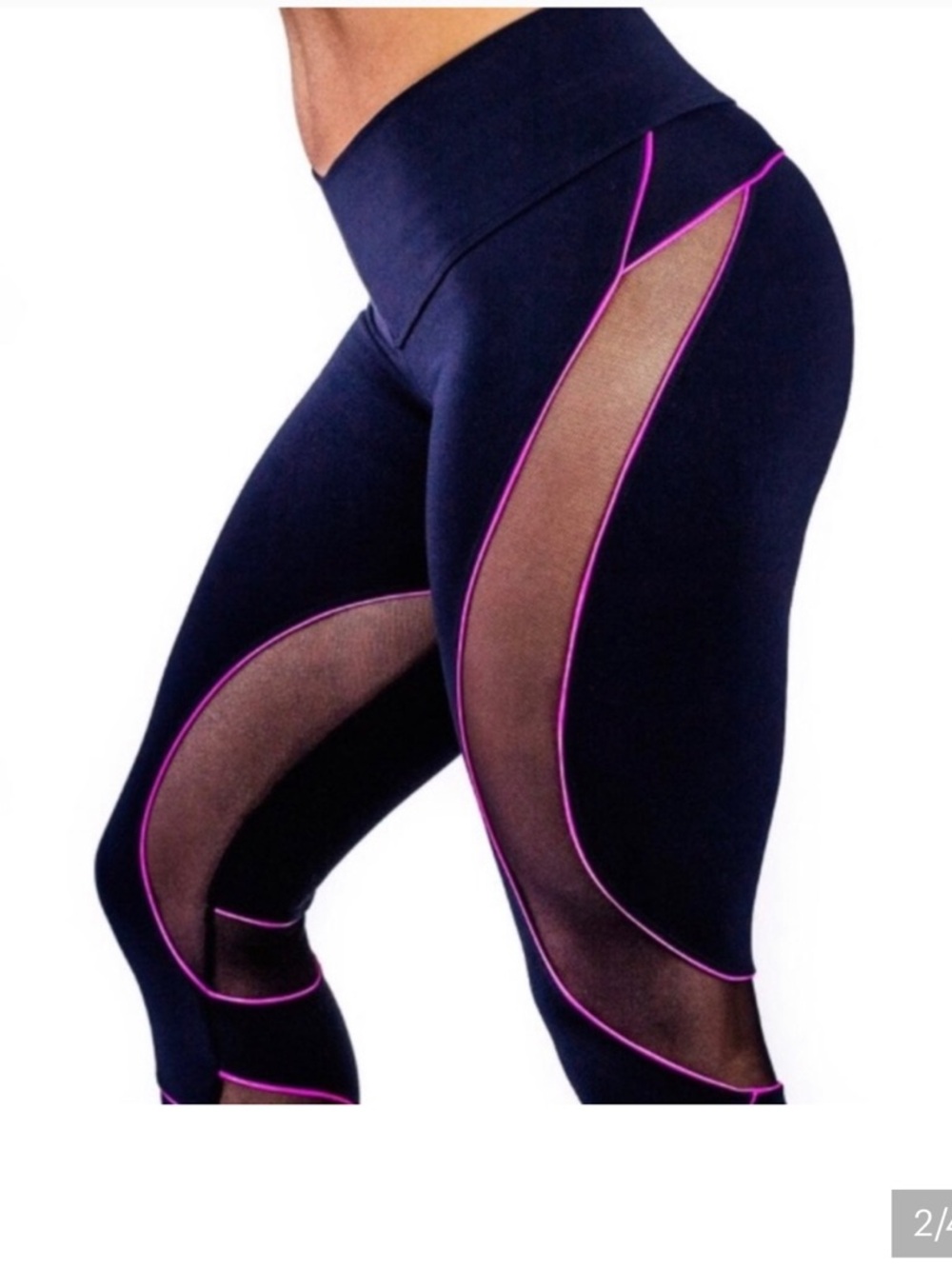 High-Waist Navy Mesh Panel Leggings with Pink Trim - Picture 2 of 11